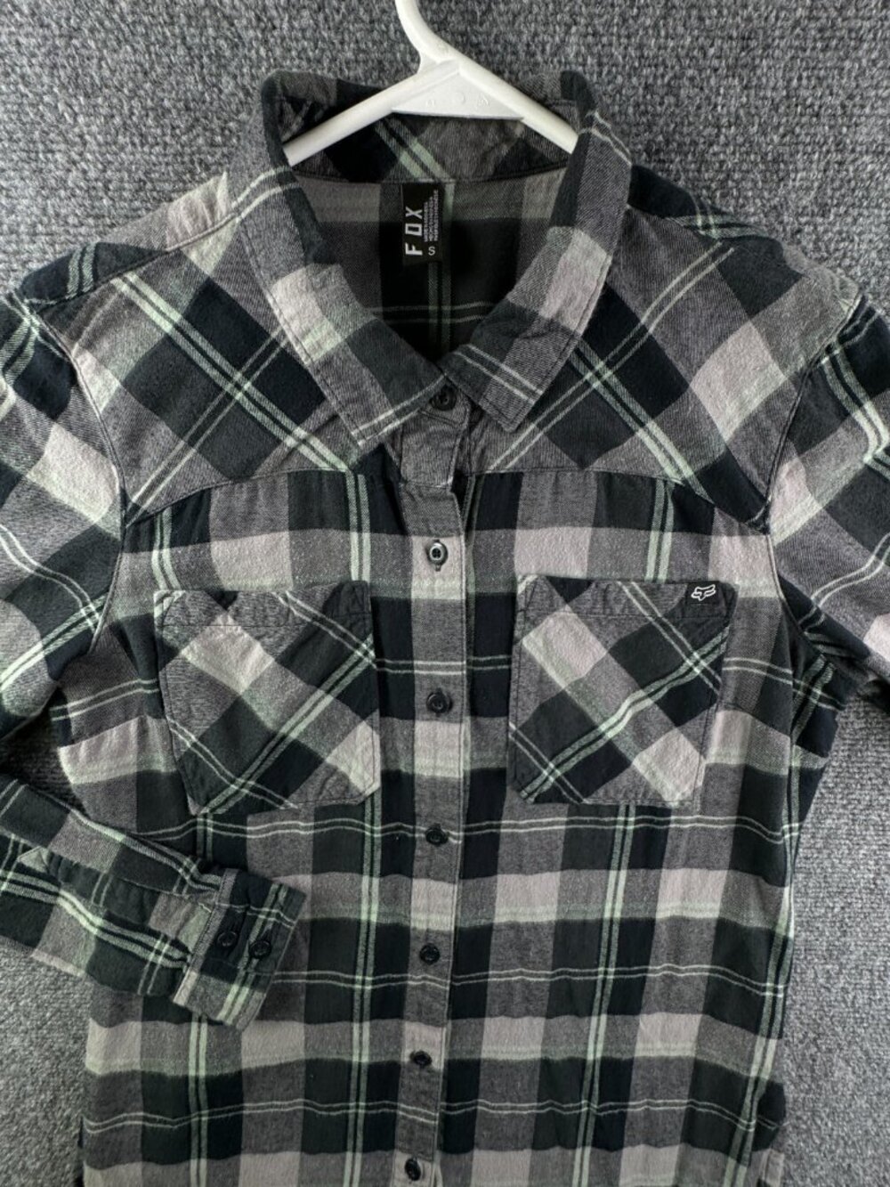 Fox Racing Flannel Shirt Women Small Plaid Button Up Soft Cotton Blue Gray